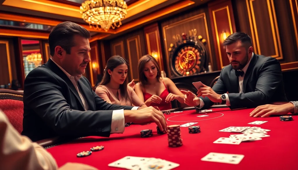 Des joueurs élaborant des stratégies à une table de luxe dans le meilleur casino en ligne 2026, profitant d'une intense partie de poker.