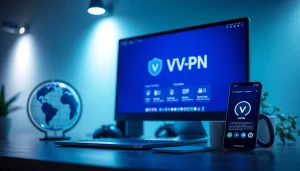 笔记本电脑上的快连VPN界面，象征全球互联与网络安全。