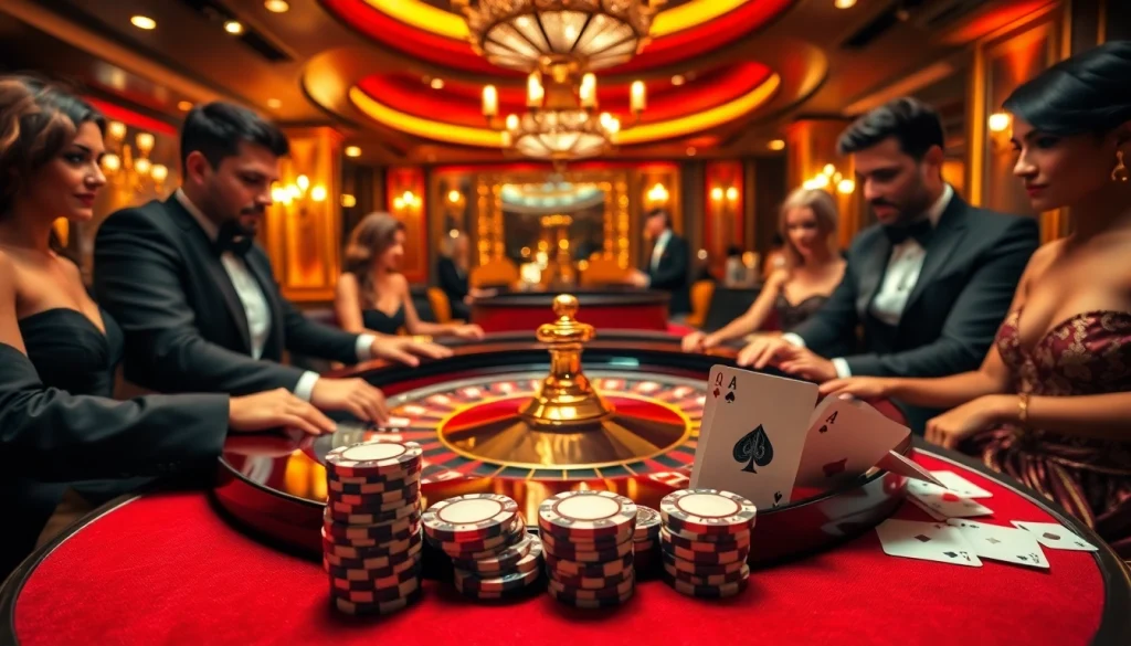 Vivez l'excitation du casino en ligne France avec des joueurs stratégiques autour d'une table de roulette luxueuse.