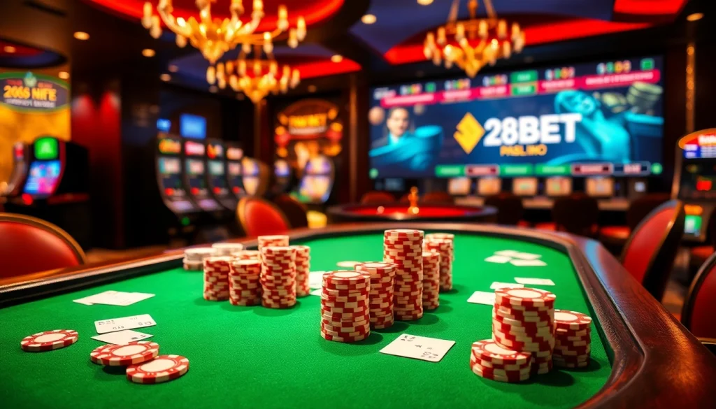 Watch players engage in high-stakes poker and sports betting at 28BET's luxurious casino.
