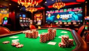 Watch players engage in high-stakes poker and sports betting at 28BET's luxurious casino.