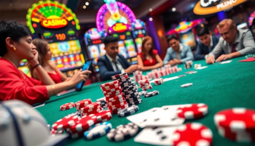 Engaging with the situs slot gacor experience, players celebrate wins at vibrant slot machines with colorful chips and cards.