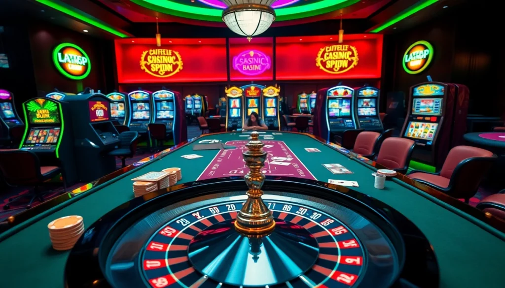 Une scène palpitante d'une partie de poker illustrant l'atmosphère du meilleur casino en ligne 2026 avec des machines à sous et une roulette vibrantes.