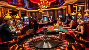 L'atmosphère séduisante du meilleur casino en ligne 2026, mettant en vedette des actions de roulette et des joueurs de poker engagés.