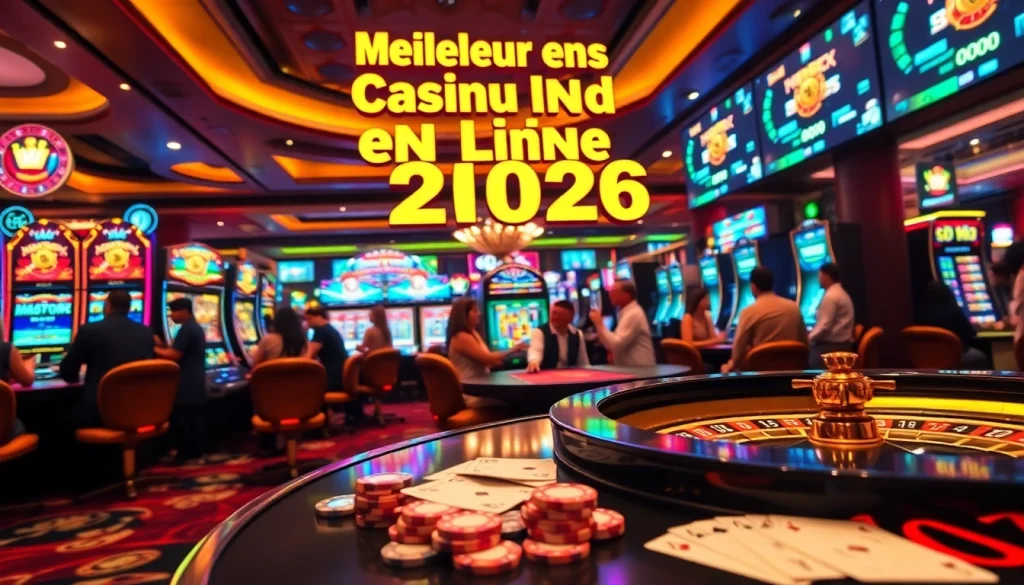 Des joueurs engagés remportant des gains au meilleur casino en ligne 2026 au milieu de machines à sous et de tables de roulette vibrantes.