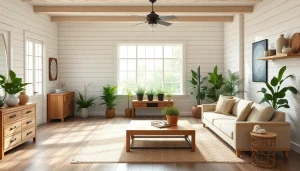 Showcasing shiplap walls in a modern farmhouse setting with natural light and rustic decor.