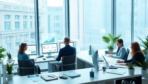 Biuro rachunkowe w nowoczesnym biurze, ukazujące profesjonalistów analizujących dokumenty finansowe i wykresy.