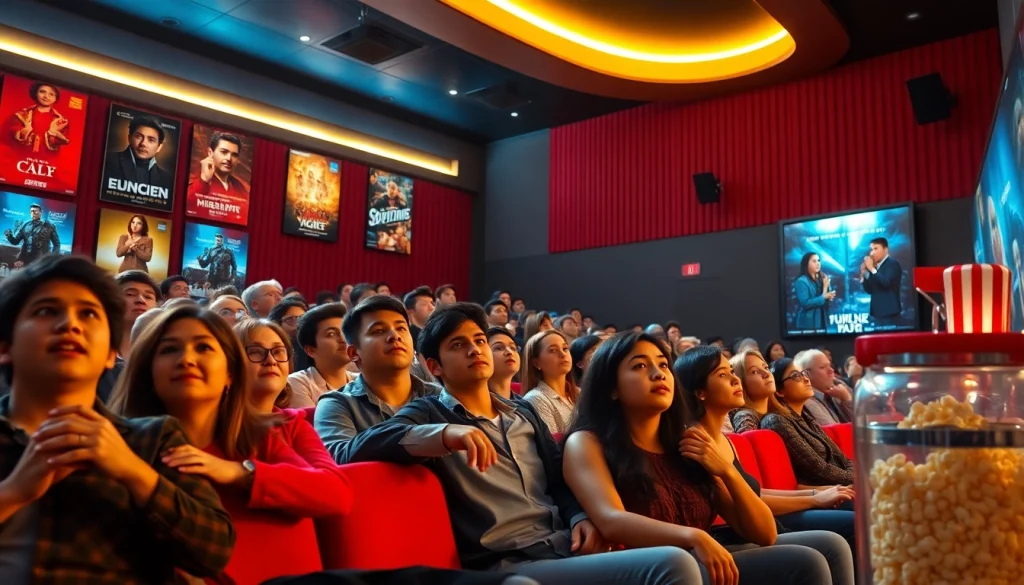 ดูหนัง ในโรงภาพยนตร์ที่มีผู้ชมตื่นเต้นกับฟิล์มใหม่