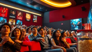 ดูหนัง ในโรงภาพยนตร์ที่มีผู้ชมตื่นเต้นกับฟิล์มใหม่