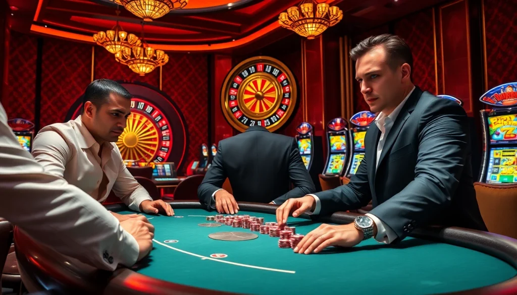 Engaged players at a poker table showcase pg soft gambling dynamics in a luxurious casino setting.