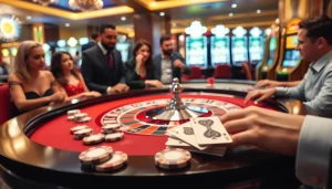 Découvrez l'excitation du meilleur casino en ligne 2026 avec une scène de casino dynamique mettant en valeur la roulette et le poker.