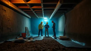 Visual representation of vapor barrier installation with a professional crew applying the barrier in a crawl space.