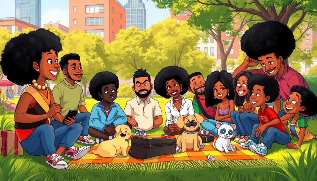 A vibrant scene of animated African American Cartoons characters enjoying a sunny day in a park.