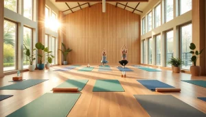 明るい自然光、静かな雰囲気、練習している人々がいるホットヨガスタジオ。