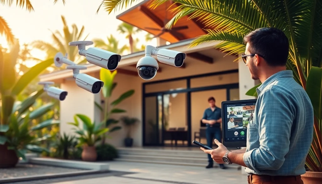 Cámeras de seguridad en Liberia mostradas en una configuración de hogar moderno, con un técnico ayudando a un propietario.