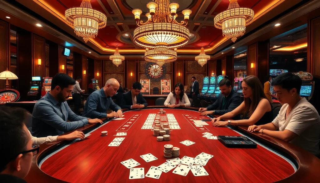 Vivez l'excitation du meilleur casino en ligne 2026 avec des joueurs à une table de poker luxueuse.