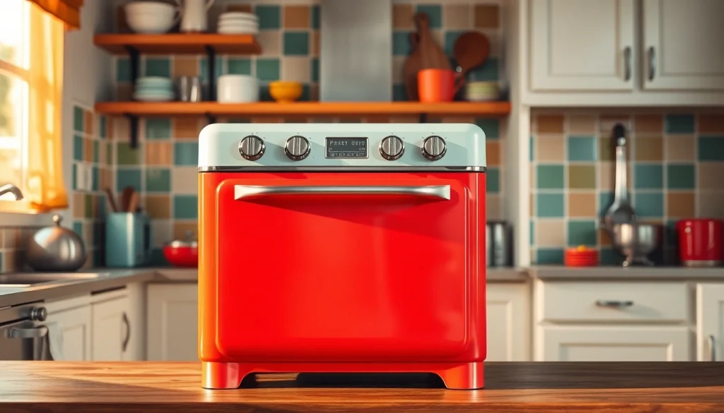 Retro Oven set in a vibrant kitchen, showcasing its vintage design and inviting atmosphere.