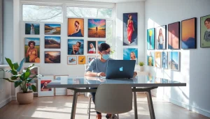 Image to prompt generator in a creative workspace with vibrant art and cozy ambiance.