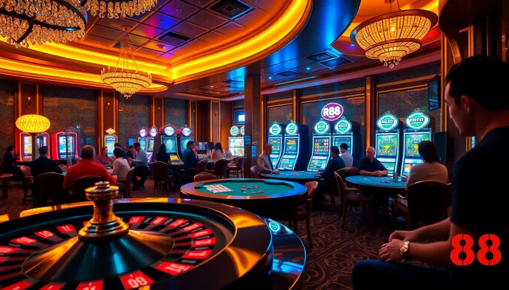 Experience thrilling gambling at RR88 with dynamic casino visuals of poker, roulette, and slot games.