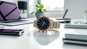 Finesse Smart Watch showcasing its sleek design and modern features on a minimalist desk.
