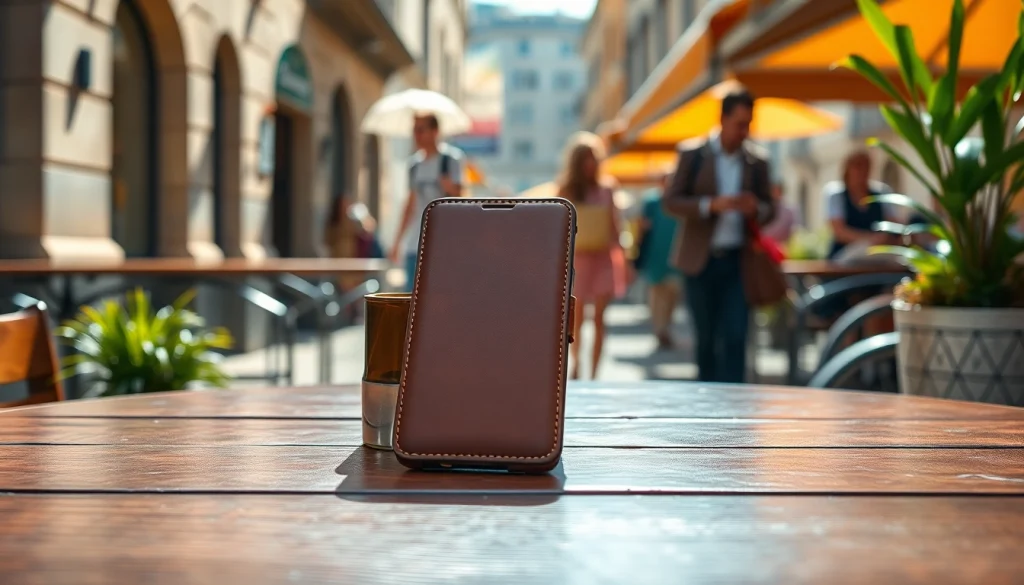 Präsentieren Sie eine Handytasche Magnetverschluss auf einem Café-Tisch, die Eleganz und Stil vereint.