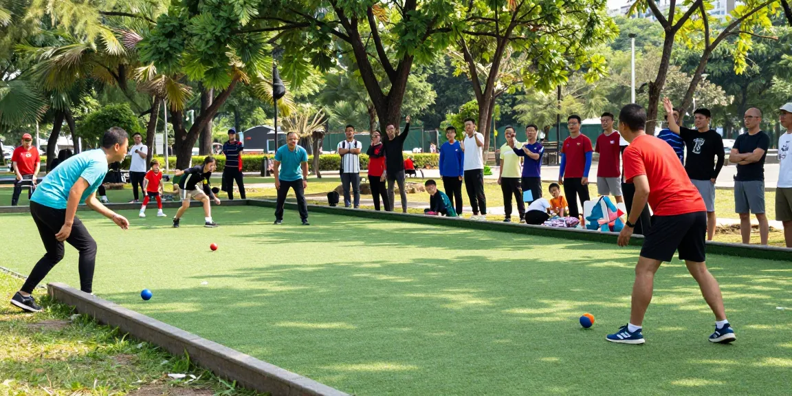 Pemain petanque di fopikotakendari.org berkompetisi ramah di taman umum, menciptakan suasana komunitas yang ceria.