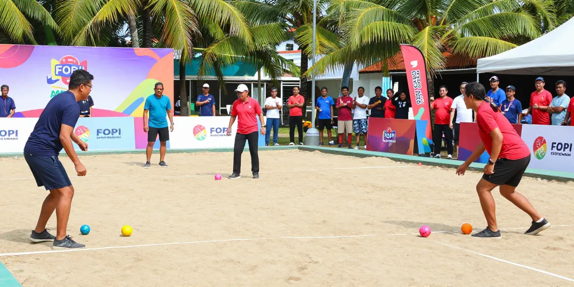 Event olahraga petanque di fopikotamanado.org dengan berbagai pemain dan penonton yang bersorak.