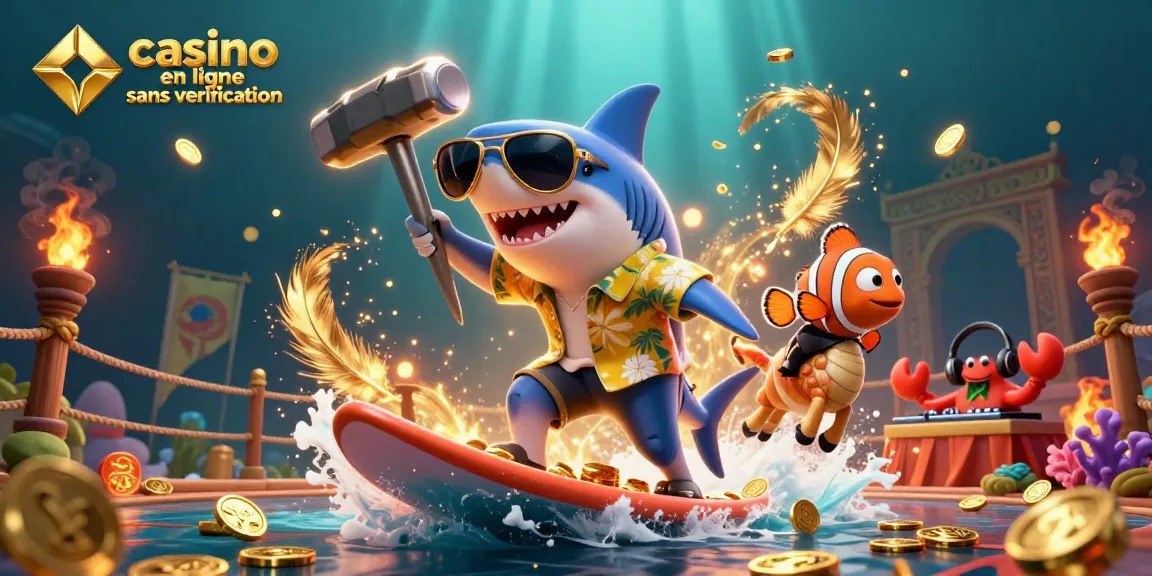 Jouez dans un casino en ligne sans vérification, avec un requin en hawaïenne et un DJ crab sur une scène de corail.